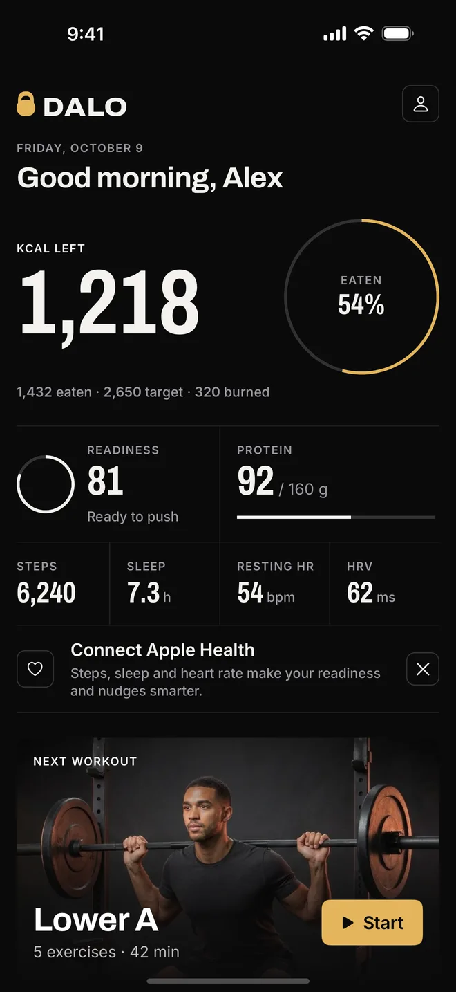 Dalo Today screen with calories left and the next workout