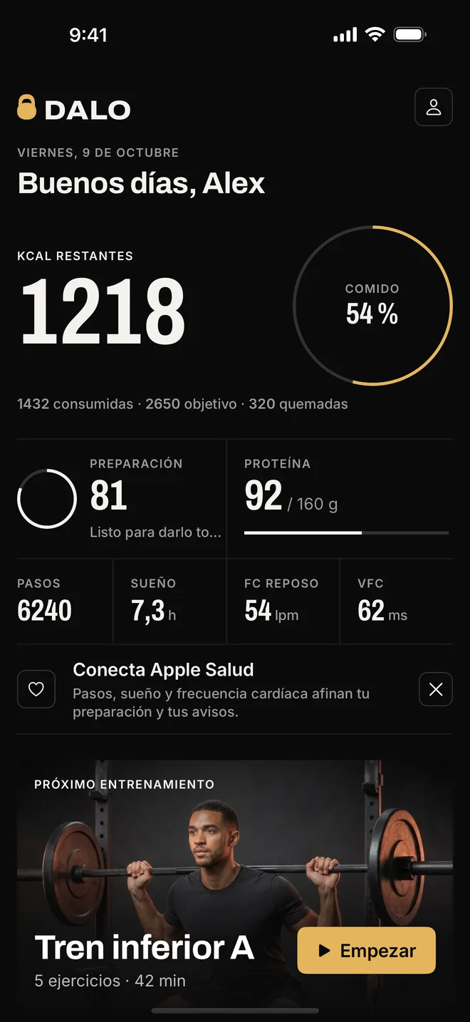 Pantalla Hoy de Dalo con las calorías restantes y el próximo entrenamiento