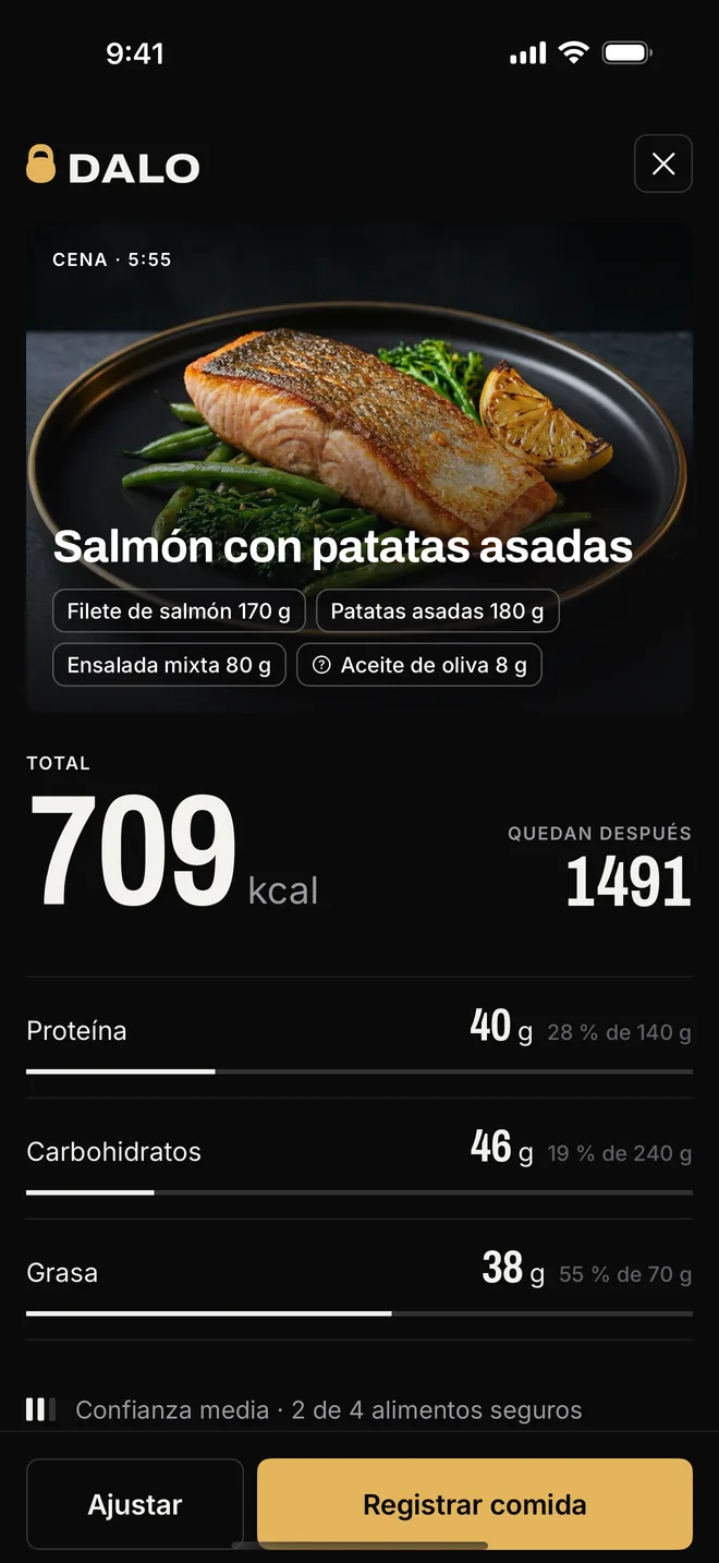 Resultado de una comida en Dalo: un plato de salmón con las calorías y los macros
