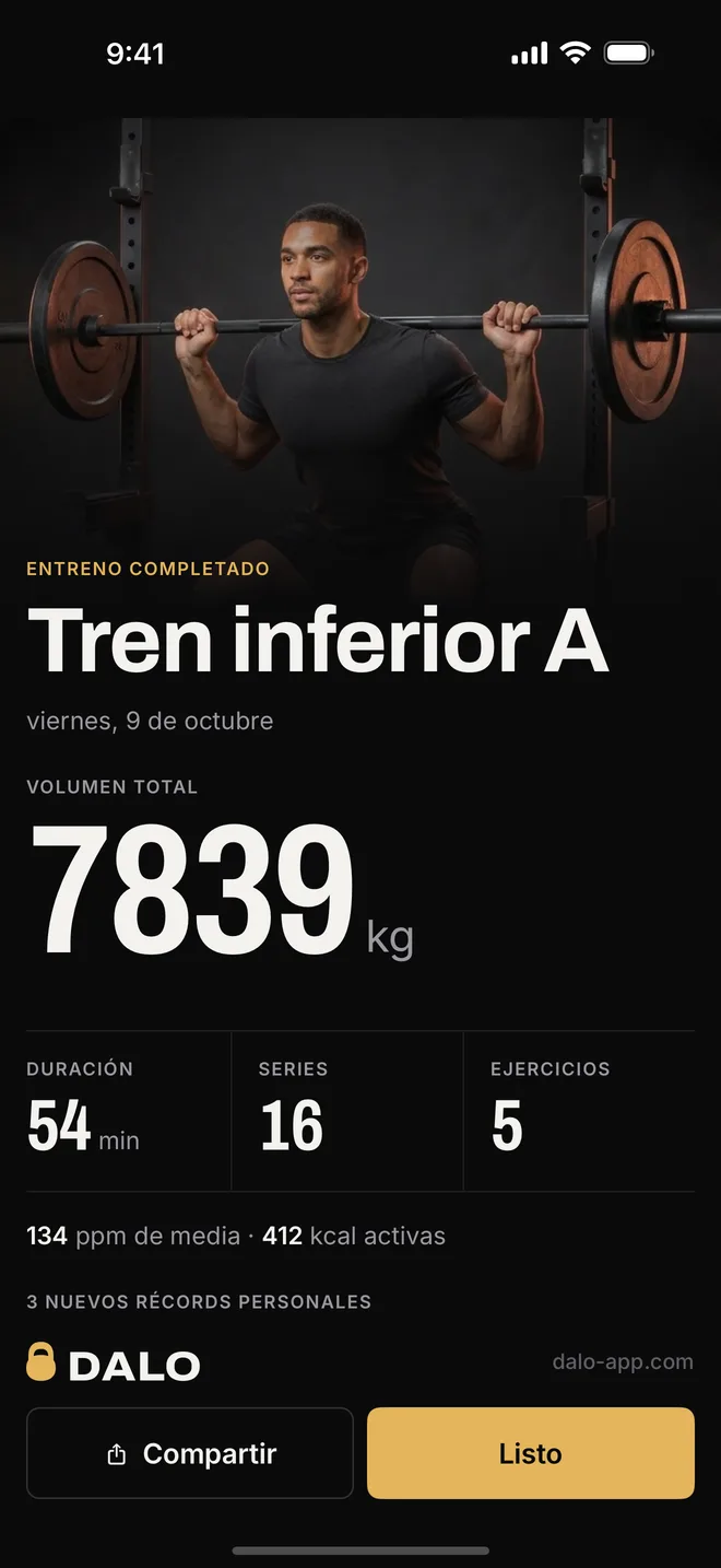 Resumen de entrenamiento en Dalo con el volumen total y las series