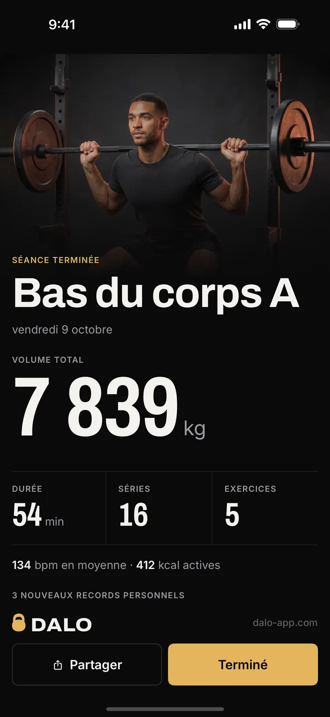 Bilan de séance dans Dalo avec le volume total et les séries